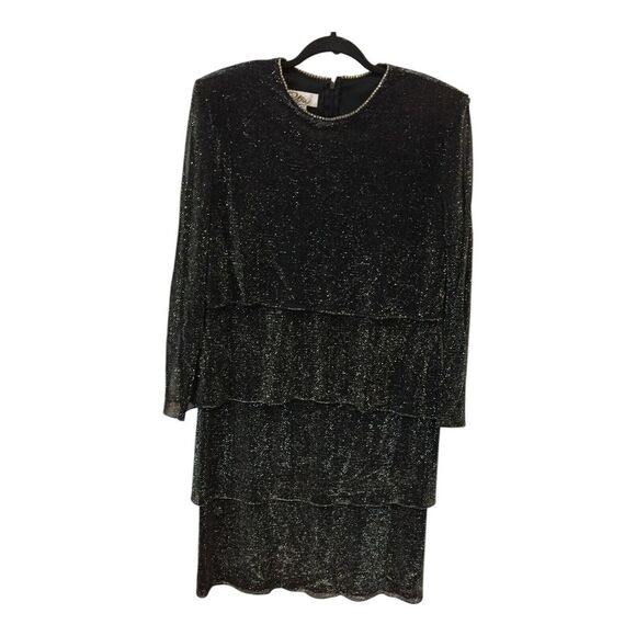 Patra Dresses & Skirts - Patra Tiered Dress Womens‎ 16 Rhinestone Collar Black Silver Sparkle Long Sleeve